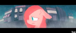 Size: 1492x659 | Tagged: dead source, safe, artist:berrydrops, derpibooru import, pinkie pie, earth pony, pony, city, female, floppy ears, mare, profile, rain, sad, solo, wet, wet mane