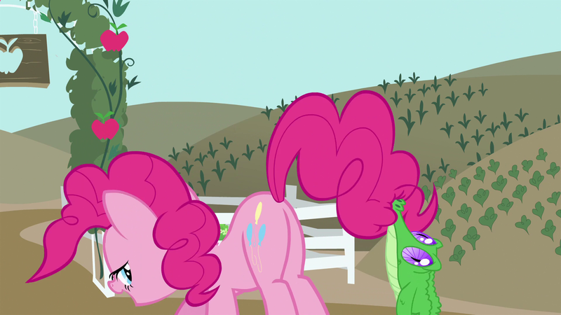 Size: 1920x1080 | Tagged: safe, derpibooru import, screencap, gummy, pinkie pie, pony, castle mane-ia, season 4, female, lidded eyes, mare, out of context, plot, presenting, the ass was fat