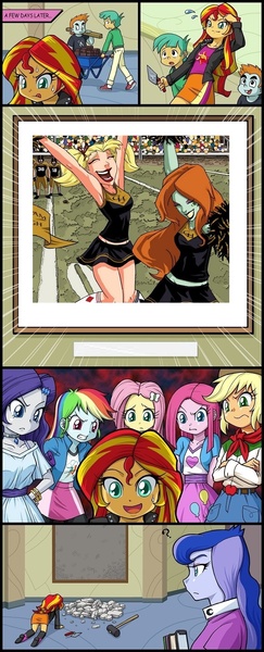 Size: 800x1977 | Tagged: safe, derpibooru import, applejack, fluttershy, pinkie pie, princess luna, rainbow dash, rarity, snails, snips, sunset shimmer, twilight sparkle, vice principal luna, equestria girls, batman, exploitable meme, harley quinn, mane six, meme, poison ivy, sunset's art critics