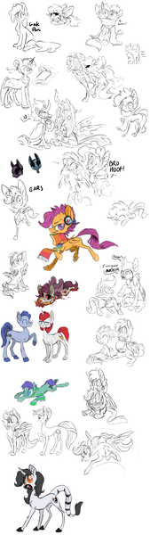 Size: 2000x7101 | Tagged: safe, artist:xenon, derpibooru import, apple bloom, big macintosh, king sombra, pinkie pie, queen chrysalis, rainbow dash, scootaloo, twilight sparkle, oc, earth pony, pony, against glass, alice price, alternate hairstyle, andy price, book, clothes, coat, crossover, crystallized, dialogue, doll, fourth wall, gak, glasses, magic, male, partial color, scarf, sketch dump, stallion