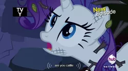 Size: 640x355 | Tagged: castle mane-ia, cow, derpibooru import, hubble, hub logo, hub network, leaves, meme, mlp-captions, rarity, safe, screencap, solo, species swap, the hub, tv rating, youtube caption