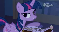 Size: 640x355 | Tagged: safe, derpibooru import, screencap, twilight sparkle, twilight sparkle (alicorn), alicorn, pony, castle mane-ia, book, female, hub logo, hubble, mare, meme, mlp-captions, solo, youtube caption