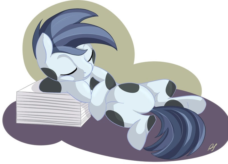 Size: 1386x1000 | Tagged: artist:postscripting, belly, colt, cute, derpibooru import, featureless crotch, ink, newspaper, paper, ponyville confidential, safe, shady daze, sleeping, solo