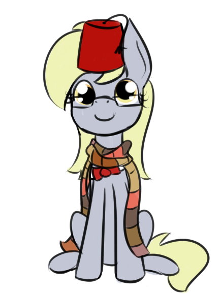 Size: 435x579 | Tagged: safe, artist:lilliesinthegarden, derpibooru import, derpy hooves, pegasus, pony, accessory swap, adorkable, bowtie, clothes, cute, derpabetes, doctor who, dork, female, fez, glasses, hat, implied doctor whooves, looking at you, mare, request, scarf, sitting, smiling, solo