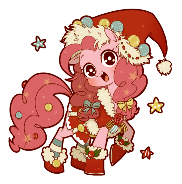 Size: 660x668 | Tagged: artist:umeguru, boots, bow, christmas, clothes, cute, derpibooru import, diapinkes, dress, hat, looking at you, part of a set, pinkie pie, safe, shoes, socks, solo, stars, striped socks, winter