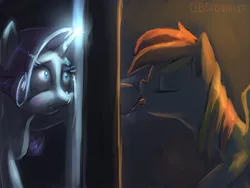 Size: 1024x768 | Tagged: suggestive, artist:onomec, derpibooru import, rainbow dash, rarity, pegasus, pony, unicorn, castle mane-ia, blushing, dark, duo, eyes closed, female, glory hole, glow, glowing horn, hoof fetish, hoof licking, hooves, lesbian, licking, light spell, mare, raridash, scene interpretation, scene parody, shipping, tongue out