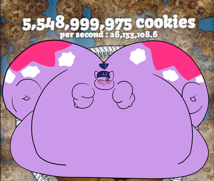 Size: 1280x1079 | Tagged: questionable, artist:askchubbytwilight, derpibooru import, twilight sparkle, blushing, cookie clicker, fat, female, immobile, impossibly large belly, impossibly large butt, impossibly large everything, impossibly obese, looking at you, morbidly obese, numbers, obese, plot, solo, solo female, twilard sparkle, weight gain, wink