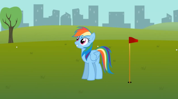 Size: 571x317 | Tagged: artist:agrol, derpibooru import, everypony plays sports games, golf, hole, rainbow dash, safe, solo, youtube link