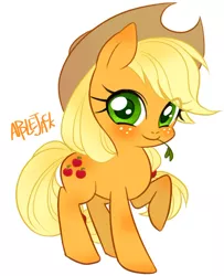 Size: 650x801 | Tagged: safe, artist:qpqp, derpibooru import, applejack, earth pony, pony, blushing, cute, jackabetes, looking at you, mouth hold, raised hoof, simple background, smiling, solo, white background