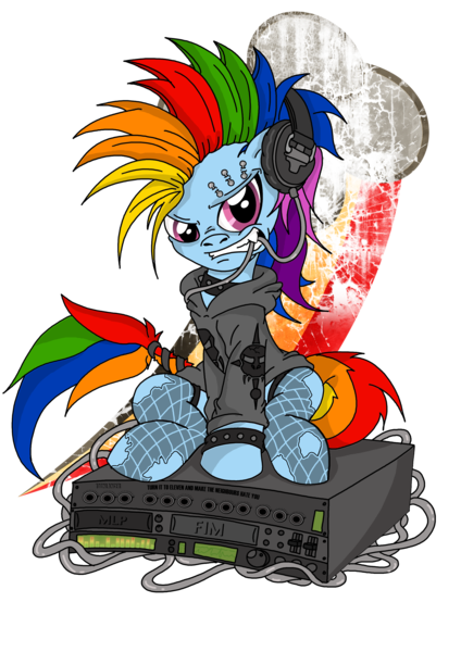 Size: 3508x4961 | Tagged: safe, artist:toonlancer, derpibooru import, rainbow dash, alternate hairstyle, clothes, fashion, headphones, mohawk, piercing, punk, rainbow punk, solo