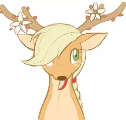 Size: 773x739 | Tagged: applejack, artist:tsumini, deer, deerified, flower, food, mouth hold, portrait, safe, simple background, solo, species swap