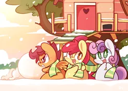 Size: 1400x1000 | Tagged: apple bloom, artist:lifeloser, chibi, clothes, clubhouse, crusaders clubhouse, cute, cutie mark crusaders, :d, derpibooru import, grin, happy, safe, scarf, scootaloo, shared clothing, shared scarf, smiling, snow, snowfall, sweetie belle, winter