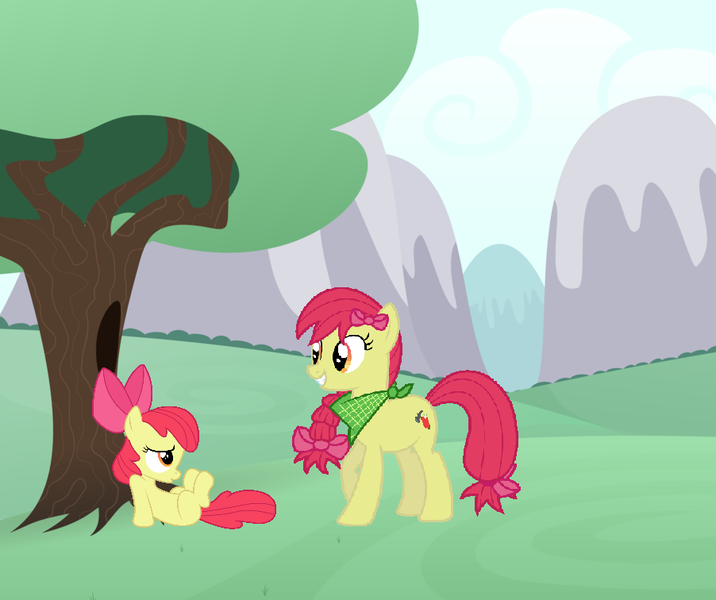 Size: 902x756 | Tagged: apple bloom, artist:linkandrutofan, derpibooru import, duality, older, safe, time paradox, time travel, tree