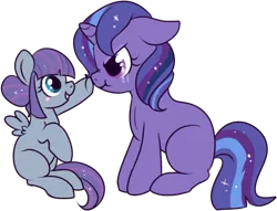 Size: 472x361 | Tagged: safe, artist:lulubell, derpibooru import, oc, oc:moonlight eve, oc:serene skies, unofficial characters only, pegasus, pony, unicorn, :t, angry, blank flank, boop, cute, eye contact, filly, floppy ears, glare, looking at each other, magical lesbian spawn, next generation, nose wrinkle, offspring, open mouth, parent:princess luna, parent:twilight sparkle, parents:twiluna, scrunchy face, simple background, sisters, sitting, smiling, spread wings, transparent background