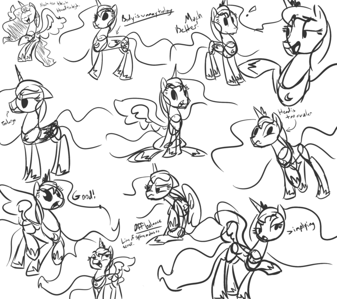 Size: 1800x1600 | Tagged: artist:tess, derpibooru import, monochrome, princess luna, safe, sketch dump, solo