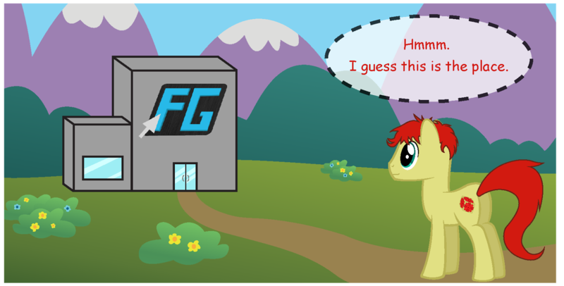 Size: 1600x812 | Tagged: safe, artist:fureox, derpibooru import, oc, unofficial characters only, earth pony, pony, building, bush, comic, comic sans, door, filly gamez, flower, male, mountain, office, sethisto, solo, stallion, text