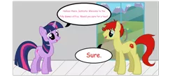 Size: 1600x766 | Tagged: safe, artist:fureox, derpibooru import, twilight sparkle, oc, earth pony, pony, comic, comic sans, dialogue, door, duo, filly gamez, indoors, mountain, sethisto, speech bubble, text, tour