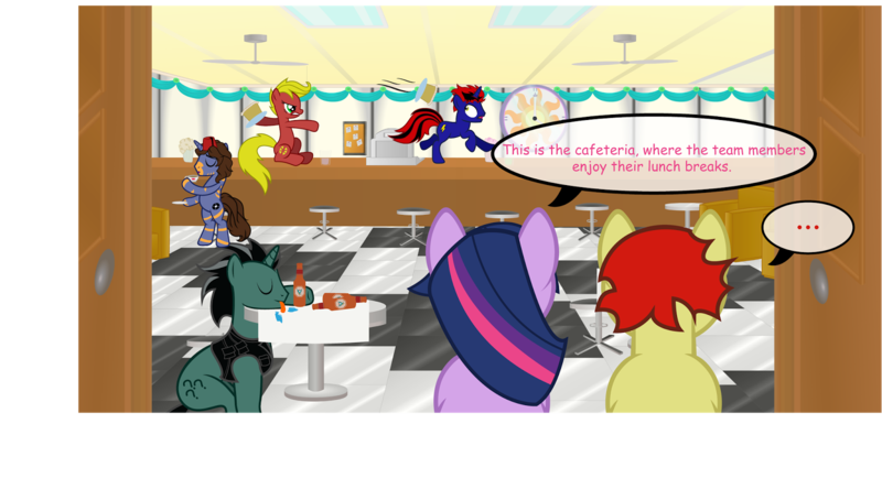 Size: 1600x908 | Tagged: safe, artist:dracoblair, artist:fureox, derpibooru import, twilight sparkle, oc, earth pony, pony, ..., bipedal, bottle, cafeteria, cake, clothes, coffee, comic, comic sans, counter, cup, dialogue, drink, fan, female, fez, filly gamez, foodfight, hat, indoors, male, mare, missing horn, plate, sethisto, speech bubble, stallion, table, tables, text, tongue out, vest