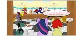 Size: 1600x908 | Tagged: safe, artist:dracoblair, artist:fureox, derpibooru import, twilight sparkle, oc, earth pony, pony, ..., bipedal, bottle, cafeteria, cake, clothes, coffee, comic, comic sans, counter, cup, dialogue, drink, fan, female, fez, filly gamez, foodfight, hat, indoors, male, mare, missing horn, plate, sethisto, speech bubble, stallion, table, tables, text, tongue out, vest