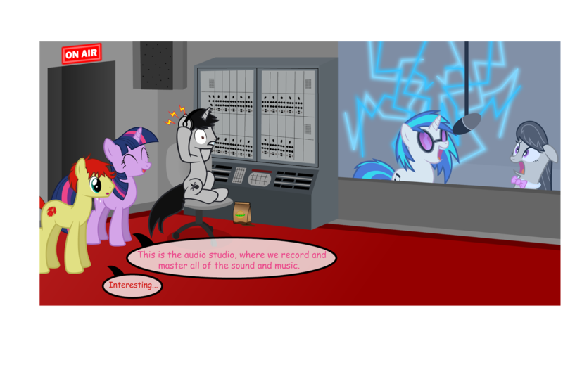 Size: 1600x1077 | Tagged: safe, artist:fureox, artist:mythogamer, derpibooru import, octavia melody, twilight sparkle, vinyl scratch, oc, oc:sethisto, earth pony, pony, comic, comic sans, dialogue, filly gamez, headphones, indoors, male, microphone, recording, recording studio, speech bubble, stallion, studio, text