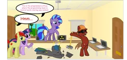 Size: 1600x756 | Tagged: safe, artist:dracoblair, artist:fureox, derpibooru import, twilight sparkle, oc, earth pony, pony, bipedal, comic, comic sans, computer, dialogue, door, female, filly gamez, hammer, helmet, indoors, keyboard, laptop computer, male, mallet, mare, office, programming, sethisto, speech bubble, stallion, stars, window