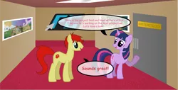 Size: 1600x812 | Tagged: safe, artist:fureox, artist:mythogamer, derpibooru import, twilight sparkle, earth pony, pony, arrow, comic, comic sans, dialogue, door, duo, filly gamez, hallway, indoors, sethisto, speech bubble, text, writer's block