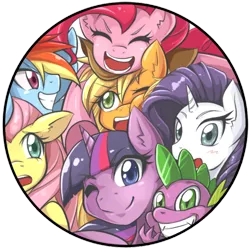 Size: 600x600 | Tagged: applejack, artist:jinzhan, badge, blushing, button, derpibooru import, fluttershy, happy, looking at you, mane seven, mane six, pinkie pie, rainbow dash, rarity, safe, smiling, spike, twilight sparkle