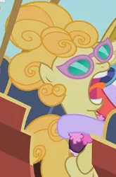 Size: 267x405 | Tagged: safe, derpibooru import, screencap, lemon chiffon, maybelline, earth pony, pony, the mysterious mare do well, background pony, female, glasses, mare, screaming, solo, tongue out, yelling