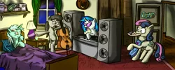 Size: 2500x1000 | Tagged: safe, artist:m_d_quill, derpibooru import, bon bon, lyra heartstrings, octavia melody, sweetie drops, vinyl scratch, pony, bed, bedroom, bipedal, cello, door, lamp, mouth hold, musical instrument, sick, speakers, table, turntable