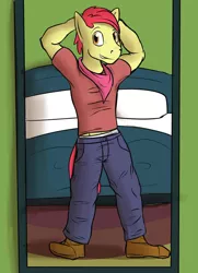 Size: 1280x1769 | Tagged: anthro, apple bloom, applebuck, artist:fuzebox, bed, boots, clothes, derpibooru import, explicit source, older, pants, plantigrade anthro, pose, rule 63, safe, shirt, solo, standing, teenager