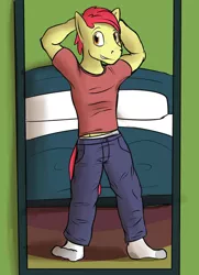 Size: 1280x1769 | Tagged: anthro, apple bloom, applebuck, artist:fuzebox, bed, clothes, derpibooru import, explicit source, missing shoes, older, pants, plantigrade anthro, pose, rule 63, safe, shirt, socks, solo, standing, teenager