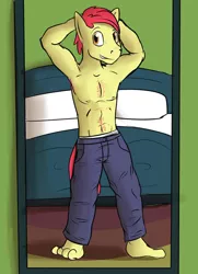 Size: 1280x1769 | Tagged: anthro, apple bloom, applebuck, artist:fuzebox, bed, belly button, clothes, derpibooru import, explicit source, male, older, pants, plantigrade anthro, pose, rule 63, solo, solo male, standing, suggestive, teenager, topless