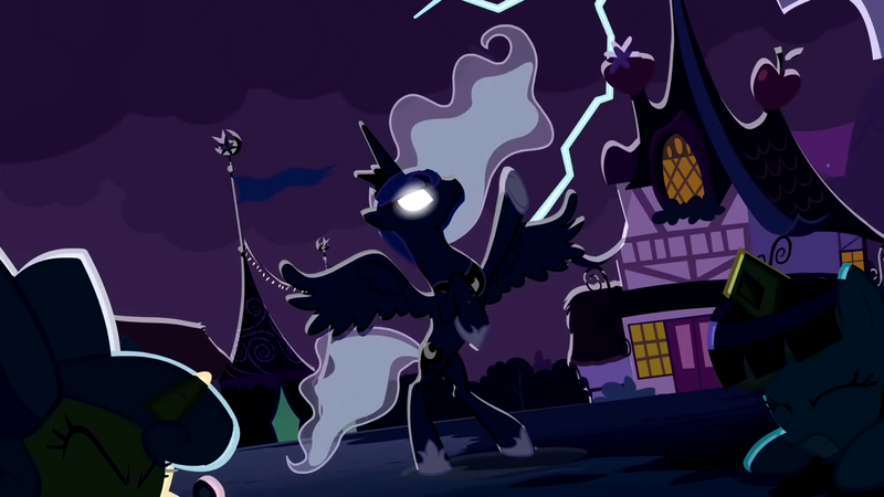 Size: 1280x720 | Tagged: safe, derpibooru import, screencap, princess luna, pony, luna eclipsed, backlighting, bipedal, dark, glowing eyes, lightning, night