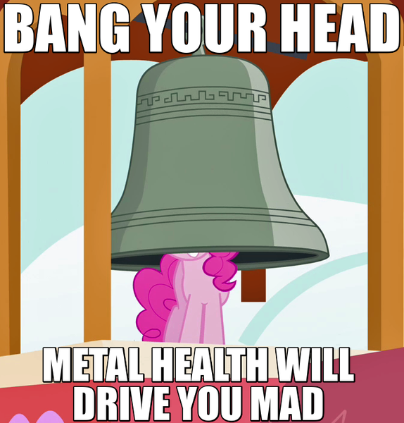 Size: 675x705 | Tagged: safe, derpibooru import, edit, edited screencap, screencap, pinkie pie, castle mane-ia, bang, bell, caption, grin, image macro, meme, metal health, quiet riot, smiling, solo, song reference