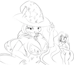 Size: 1280x1129 | Tagged: absolute cleavage, accessory swap, anthro, artist:zev, assisted exposure, breasts, busty princess celestia, busty trixie, cleavage, clothed female nude female, clothing theft, covering, derpibooru import, embarrassed, embarrassed nude exposure, female, grayscale, leotard, monochrome, nudity, observer, princess celestia, strategically covered, suggestive, teasing, trixie
