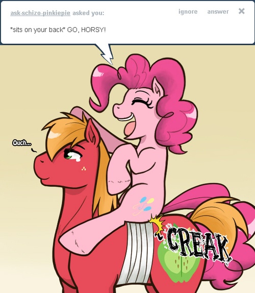 Size: 500x574 | Tagged: safe, artist:redhotkick, derpibooru import, big macintosh, pinkie pie, earth pony, pony, bandage, injured, male, pain, ponies riding ponies, stallion