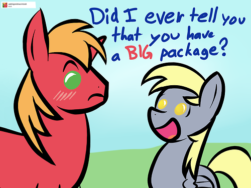 Size: 500x375 | Tagged: safe, derpibooru import, big macintosh, derpy hooves, earth pony, pony, ask-shipping-derpy, derpymac, derpytosh, innuendo, male, missing accessory, semi-vulgar, shipping, stallion, straight