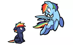 Size: 1024x640 | Tagged: artist:kianamai, colt, derpibooru import, floppy ears, flying, kilalaverse, male, mother and son, next generation, oc, oc:prism bolt, offspring, open mouth, parent:rainbow dash, parent:soarin', parents:soarindash, rainbow dash, safe, scrunchy face, simple background, sitting, smiling, spread wings