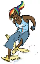 Size: 336x542 | Tagged: artist:pugletz, clothes, converse, dark skin, derpibooru import, human, humanized, rainbow dash, safe, shoes, solo, winged shoes