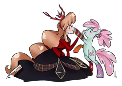 Size: 1153x812 | Tagged: antlers, artist:egophiliac, artist:skeletonjelly, boop, canada, clothes, derpibooru import, dress, g3, g3 to g4, generation leap, human, ice skates, minty, oc, ponytail, princess canada, safe, scrunchy face, socks, striped socks, tartan