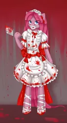 Size: 1447x2647 | Tagged: anthro, artist:misukitty, blood, cleaver, clothes, derpibooru import, dress, grimdark, knife, pinkamena diane pie, pinkie pie, solo