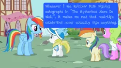 Size: 800x450 | Tagged: safe, derpibooru import, edit, edited screencap, screencap, alula, daisy, flower wishes, lemon daze, mare do well, pluto, princess erroria, rainbow dash, the mysterious mare do well, 4chan, autograph, bless her, child nurturer, cute, daaaaaaaaaaaw, image, messianic archetype, mouth hold, nice girl, pencil, png, pony confession, rainbow dash is best pony, rainbow wig, so sweet