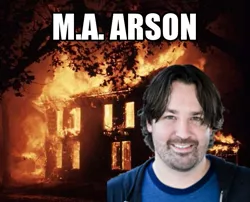 Size: 605x489 | Tagged: derpibooru import, fire, human, irl, irl human, m.a. larson, meme, photo, pun, safe, solo, thanks m.a. larson, visual pun