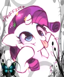 Size: 466x559 | Tagged: safe, artist:suikuzu, derpibooru import, rarity, butterfly, pony, :p, cute, derp, drool, floppy ears, flower, flower in hair, funny face, grimace, onomatopoeia, pwffzzt, raribetes, raspberry, raspberry noise, silly, silly pony, smiling, solo, squishy cheeks, tongue out