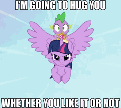 Size: 805x720 | Tagged: safe, derpibooru import, edit, edited screencap, screencap, spike, twilight sparkle, twilight sparkle (alicorn), alicorn, dragon, pony, animated, big crown thingy, caption, crown, dragons riding ponies, duo, female, flying, flying at you, frown, glare, hape, hug, image macro, imma snuggle you, imminent hape, incoming hug, it's coming right at us, jewelry, looking at you, male, mare, meme, non-consensual cuddling, regalia, riding, the fourth wall cannot save you, wide eyes, wingless spike