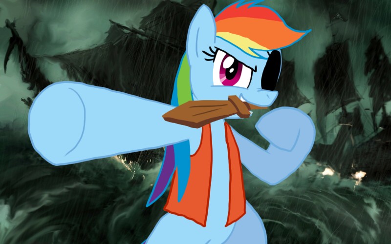 Size: 800x500 | Tagged: safe, derpibooru import, rainbow dash, pony, abstract background, alexander pistoletov, bipedal, dongcopter pirate, eyepatch, female, hilarious in hindsight, mare, mouth hold, pirate, pirate dash, pointing, reference, russian, solo, sword, wood sword