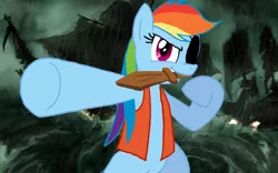 Size: 800x500 | Tagged: safe, derpibooru import, rainbow dash, pony, abstract background, alexander pistoletov, bipedal, dongcopter pirate, eyepatch, female, hilarious in hindsight, mare, mouth hold, pirate, pirate dash, pointing, reference, russian, solo, sword, wood sword