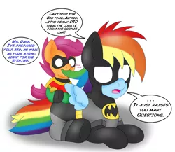 Size: 2300x2000 | Tagged: safe, artist:blackbewhite2k7, derpibooru import, fancypants, rainbow dash, scootaloo, pony, baby, baby pony, baby scootaloo, batman, batman and robin, crossover, filly, foal, movie reference, nom, parody, robin, younger