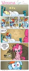 Size: 4295x10209 | Tagged: absurd resolution, airhorn, artist:redapropos, bear, bed, comic, derpibooru import, discord, fluttershy, harry, pinkie pie, prank, rainbow dash, safe, scared, sleeping, sweat, sweating profusely, zzz