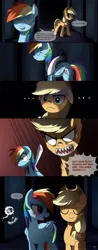 Size: 774x1978 | Tagged: safe, artist:ruhje, derpibooru import, applejack, rainbow dash, rarity, earth pony, pegasus, pony, castle mane-ia, appledash, body horror, comic, female, glory hole, hall of hooves, jealous, knot, lesbian, ouch, raridash, scene parody, shipping, this ended in pain